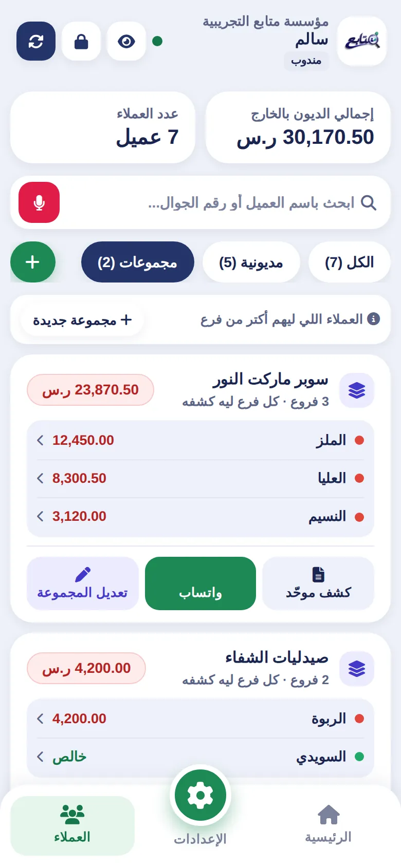 مجموعات العملاء: إجمالي المجموعة ورصيد كل فرع